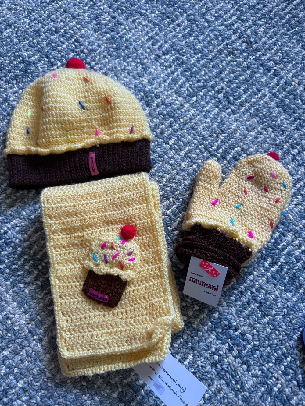 Toddler Hand Knit Yellow Cupcake Knit Hat, Scarf & Mitten Set from Amsterdam